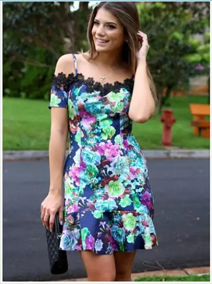 Мед Moda женщины мода красивый цветок печать и черное кружево платье CJH414|dresses below the