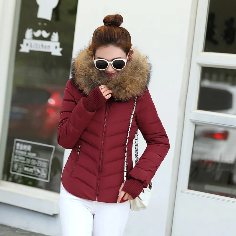 Женская парка размера плюс, женская зимняя куртка, искусственный большой меховой воротник, Женская куртка с хлопковой подкладкой, верхняя одежда, пальто mujer - Цвет: Бургундия