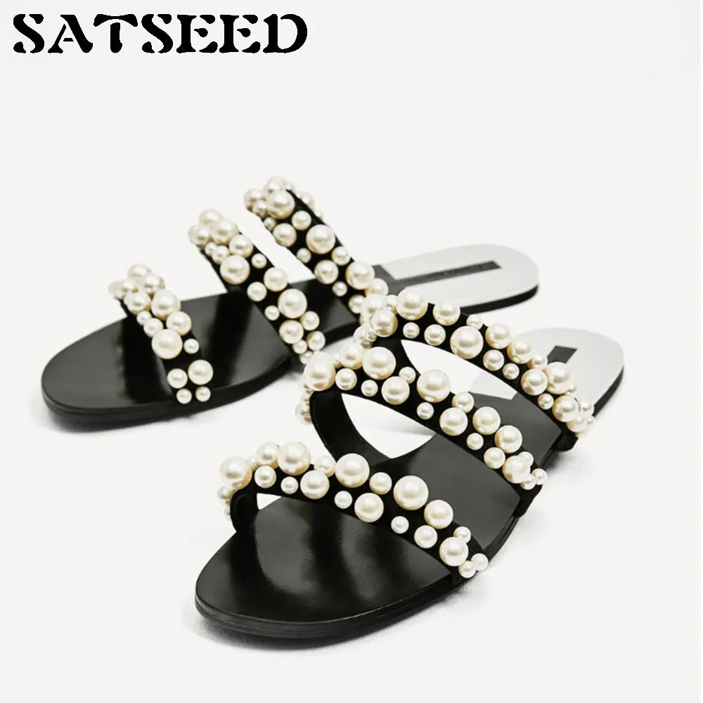 

Women Slippers Summer Beach Slippers Pearl Shoes Solid Rubber Sole Outside Slides Women Comfortable Shoes Flat String Bead New