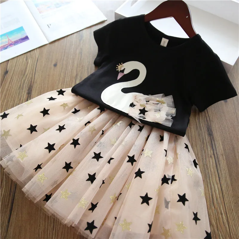 Платье для девочек г. Новые летние комплекты одежды для маленьких девочек Футболка с рисунком Фламинго+ платье с шикарными звездами Одежда для девочек из 2 предметов повседневная одежда