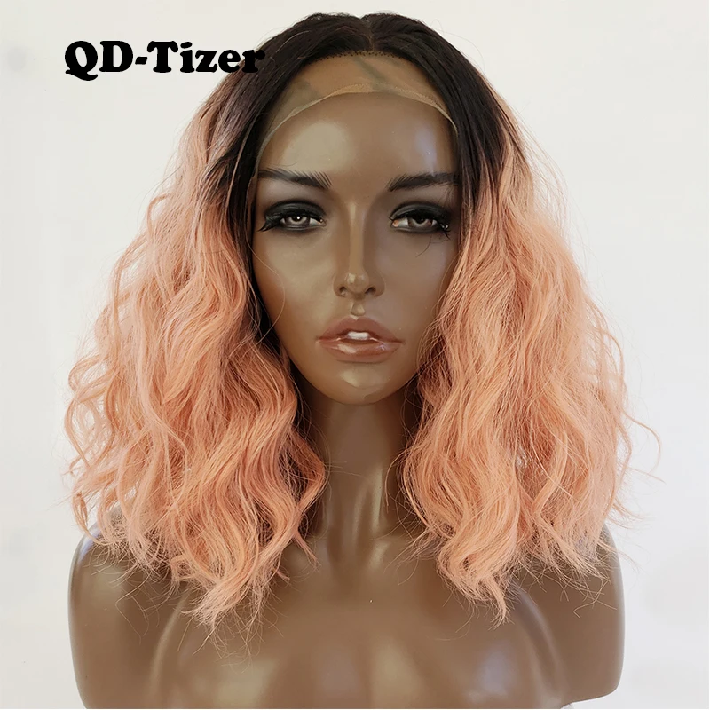 

QD-Tizer Pink Loose Wavy Hair Wig Short Wavy Synthetic Lace Front Wig Glueless Pink Cosplay Lace Front Wigs For Black Women