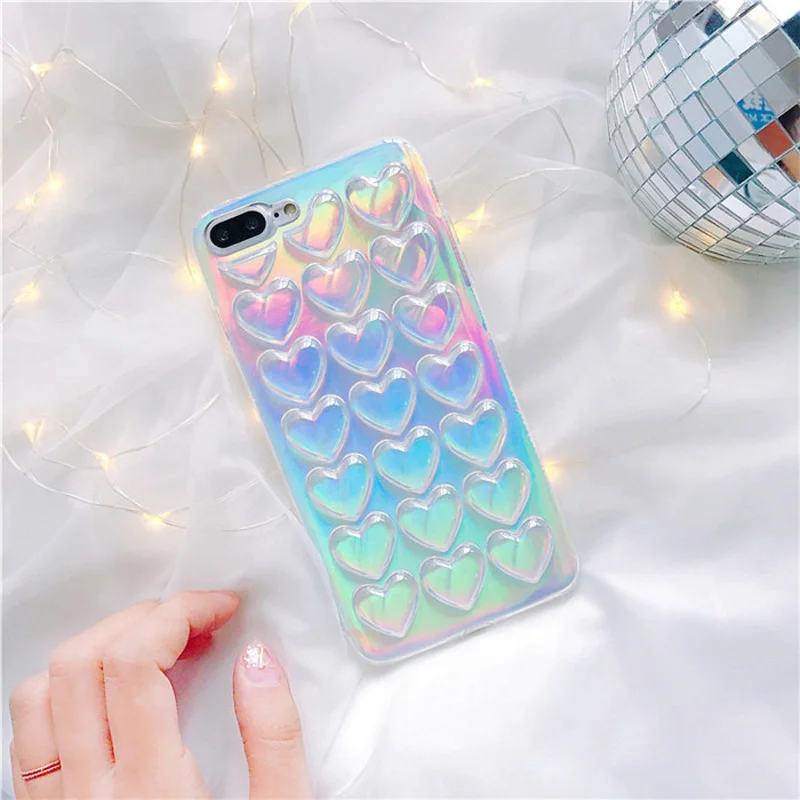 

JAMULAR 3D Laser Colorful Love Hearts Glitter Phone Case For iPhone 7 X 8 6 6S Plus Soft Transparent Clear Back Cover TPU Fundas