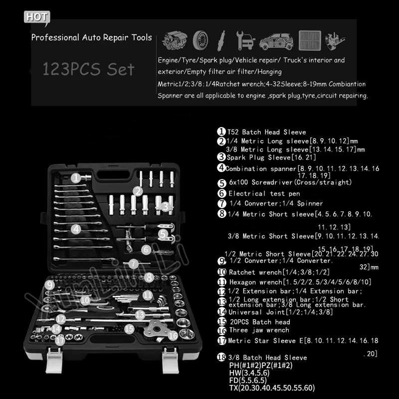123 шт. ручные инструменты профессиональный набор инструментов для ремонта автомобиля гаечный ключ Храповые гаечные ключи розетки механические Наборы инструментов многофункциональный автомобиль