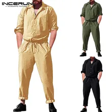 INCERUN Solid Color Loose Wide Leg Long Sleeve Men's Fashion Pocket Siamese Trousers Street Dress Workwear Men Jumpsuit 5XL