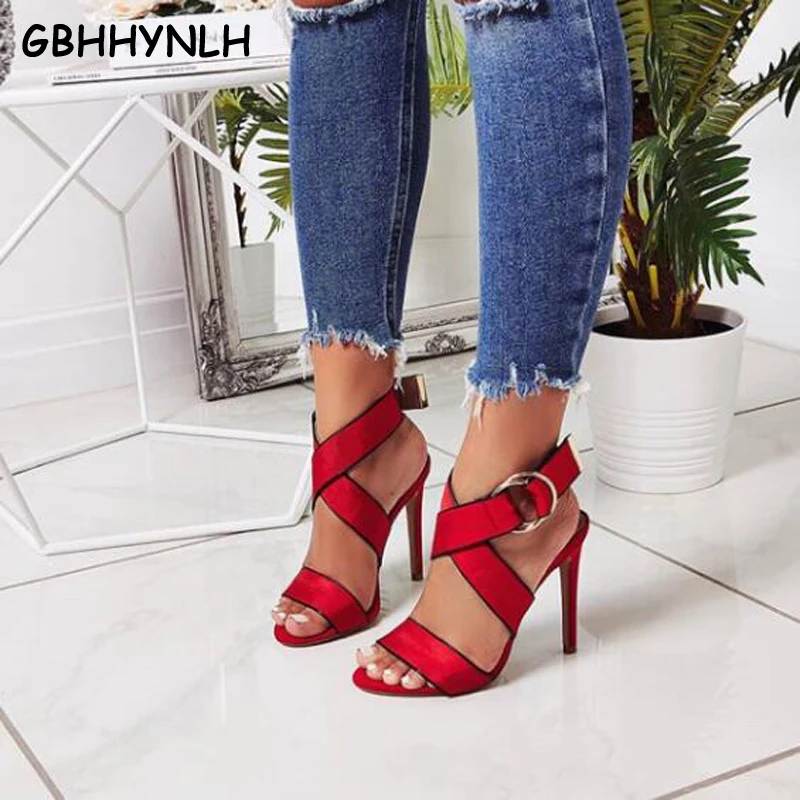 

GBHHYNLH Women High Heels Sandals Peep Toe Ankle Strap Sandals Buckle Strap Mix Color Sexy Ladies Party Summer Shoes LJA475