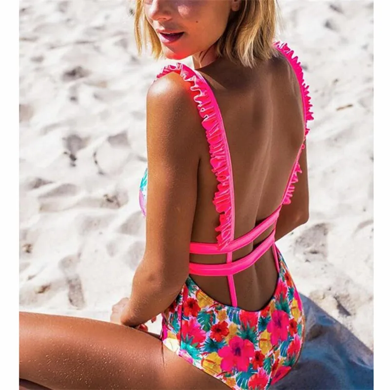 2018 Sexy One Piece Swimsuit Female Women Print Floral Swimwear Bandage Criss Cross Back Ruffle Brazilian May Bather Monokini criss cross back ribbed sweater