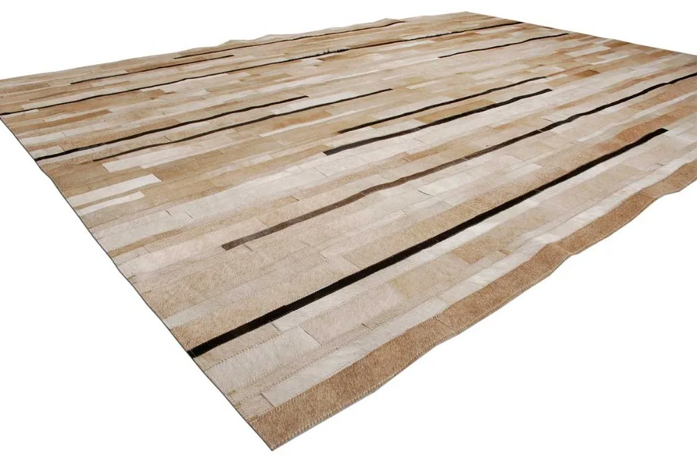 

100% GENUINE LEATHER STRIPED BEIGE COWHIDE PATCHWORK RUG WITH DARK DETAILS. EXCLUSIVE DESIGN NO. 230