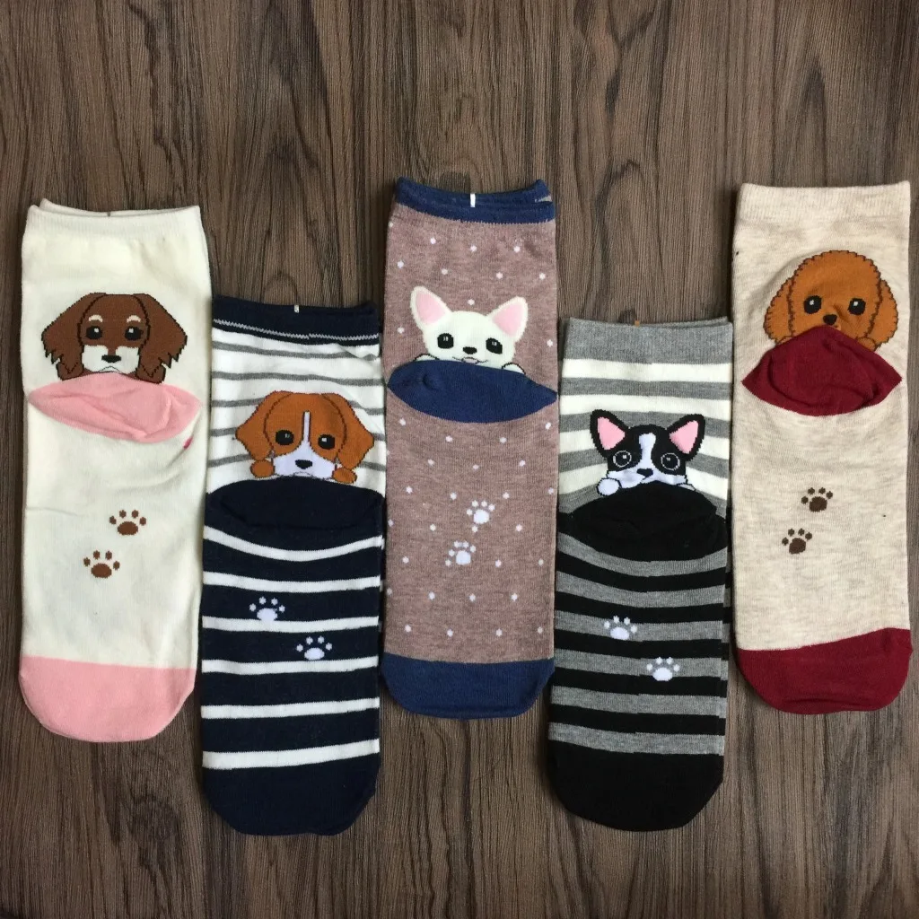 

New Arrival Spring And Summer Cute Cartoon Dog Striped Women Short Socks 1 Pair