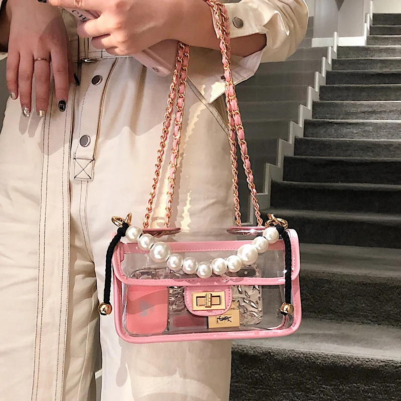

Transparent Jelly bag 2019 Fashion New High Quality PVC Women's Designer Handbag Pearl Tote bag Chain Shoulder Messenger bags