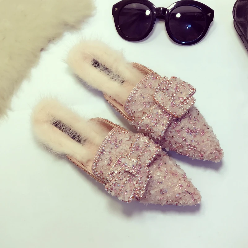 

EXCARTO Srping Half Slipper Mules Shoes Female Rhinestone Bow 2019 New Woman Pointed Toe Flat Slides Shoes Fur Warm Mules Casual