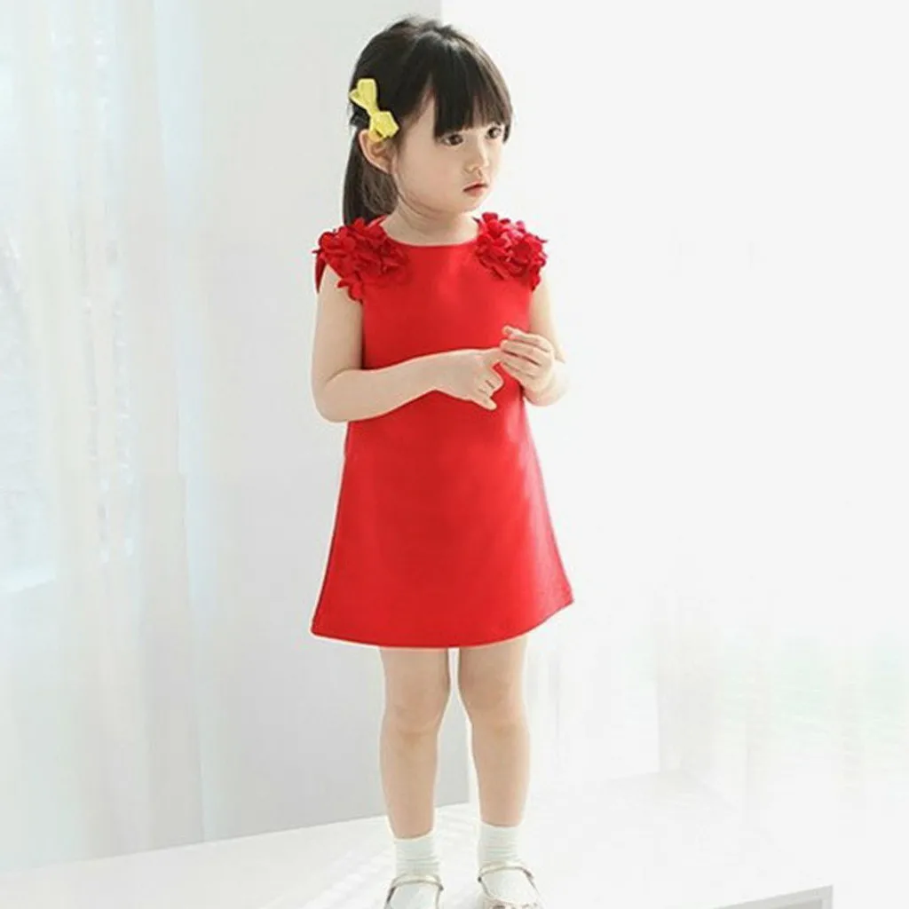 

ISHOWTIENDA Toddler Kids Baby Girl Floral Solid Dress Casual Princess Party Dress Sundress Spring summer clothing retail @2