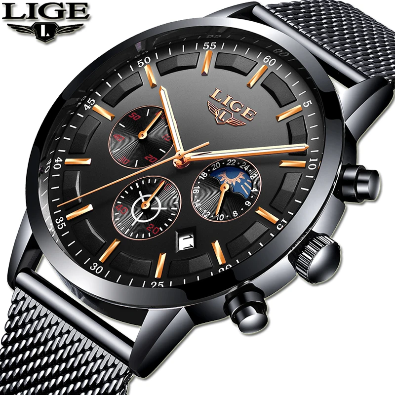 

LIGE Watch Men Fashion Quartz Clock Mens Watches Top Brand Luxury Moon phase Business Waterproof Sport Watch Relogio Masculino