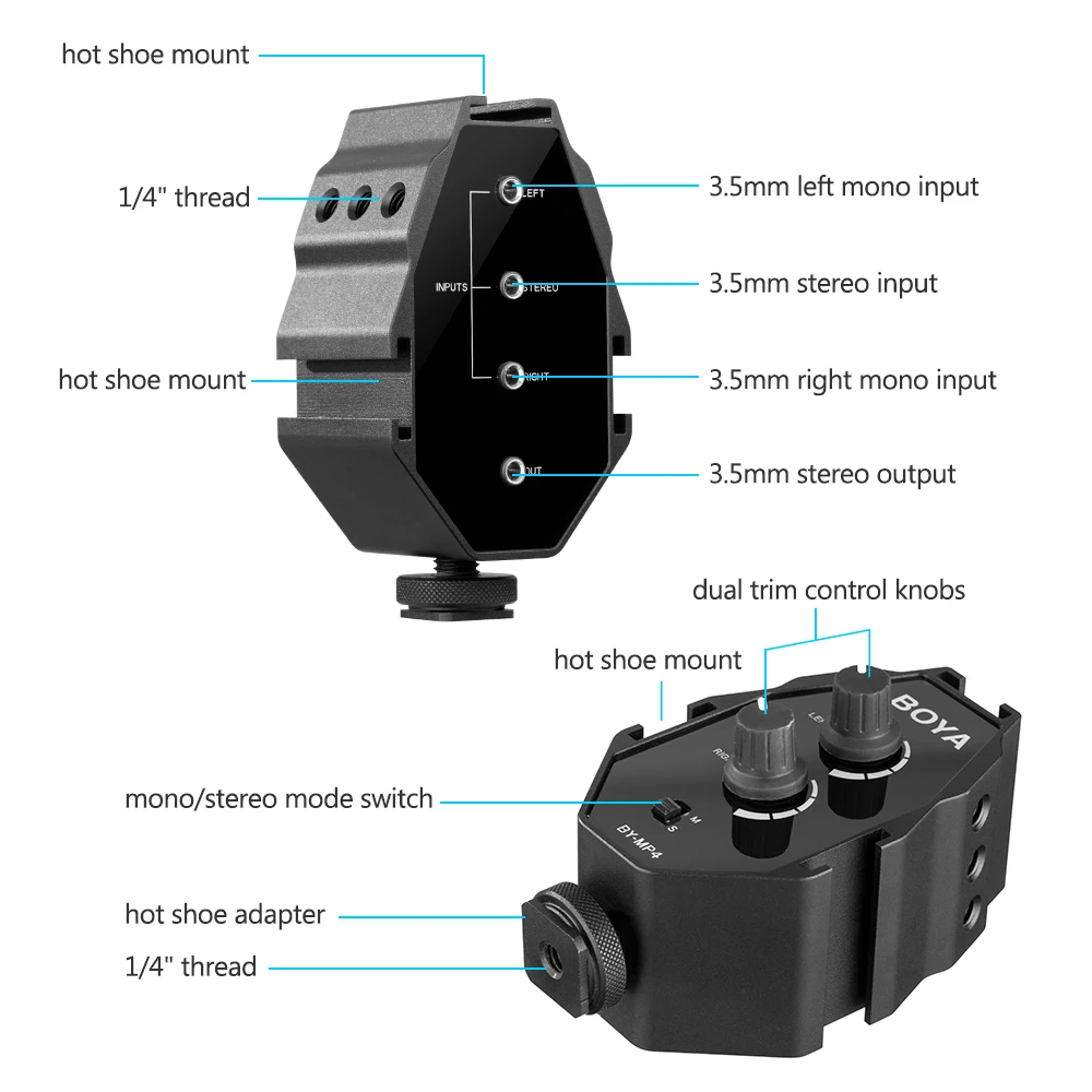 BOYA BY-MP4 2-х канальный подойдет как для повседневной носки, так переключатель стереосистемы аудио адаптер для цифровой зеркальной камеры Canon Nikon sony DSLR Камера для iPhone samsung смартфон