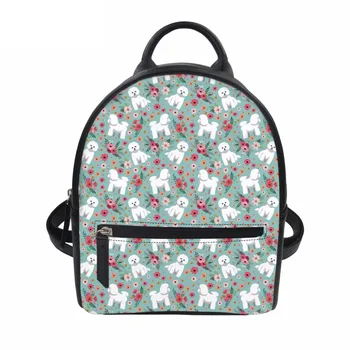 

FORUDESIGNS Flower Cartoon Bichon Frise Women Leather Backpacks School Bags for Teenage Girls Youth Daily Bags Ladies Travel Bag