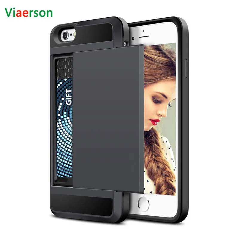 

Slide Wallet Credit Card Slot PC Phone Case For iPhone 6 7 8 X 6S Plus 5 s 5S SE 5C Dual Layer TPU Armor Shockproof Back Cover
