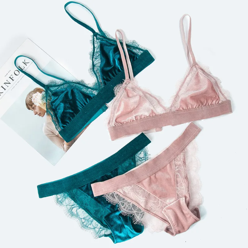 Ladies Velvet Bra Set Lace Underwear Bralette Sexy Unlined