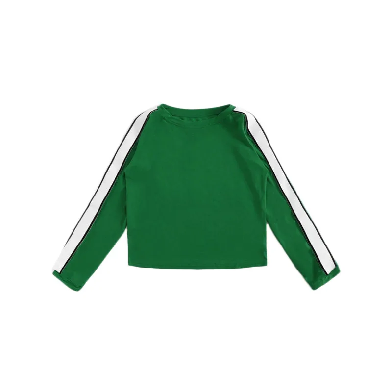 ROMWE зеленая полосатая футболка с ленточным рукавом, женские повседневные топы с круглым вырезом и длинными рукавами, осенняя Женская одежда, Весенняя футболка
