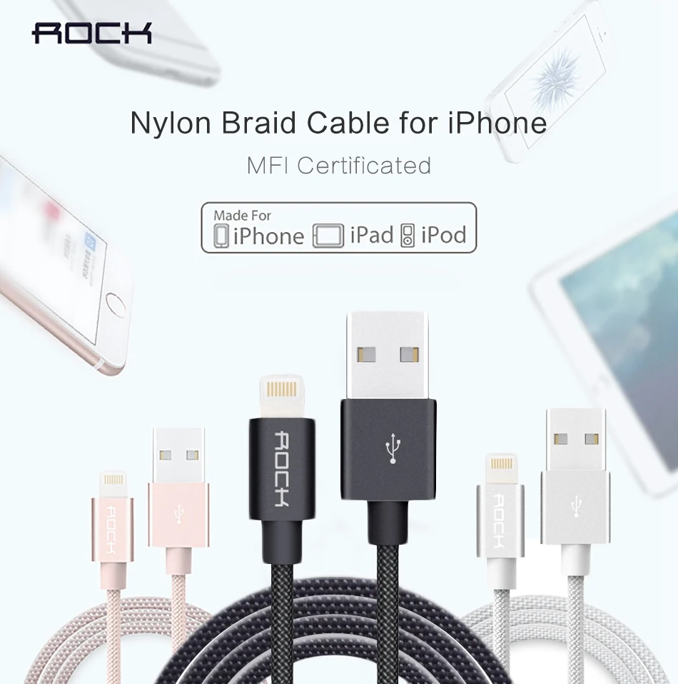 ROCK 2.4A металлический USB кабель для iPhone 5 SE 6 6s 7 8 plus X XS XR XS MAX 8 7 iPad нейлоновая оплетка волокна Быстрая зарядка для iPhone кабель