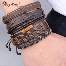 Crazy Feng 5 шт./лот панк-рок ручной работы комплект кожаного браслет для мужчин Плетеный Регулируемый обёрточная бумага наручные браслеты Heren ювелирные изделия