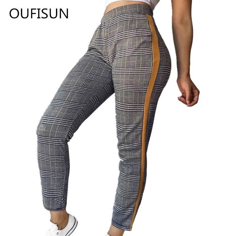 Oufisun 2019 Autumn Fashion New Women Pant Casual Plaid Patchwork Skinny Long Pencil Pants Skinny Pants For Women Pencil Pants