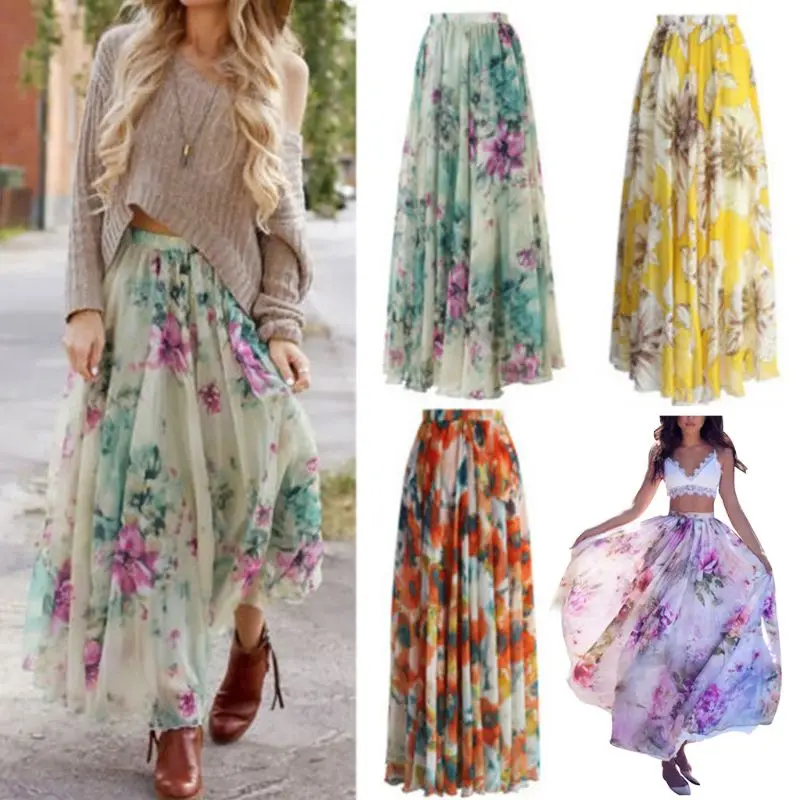

Womens Summer High Waist Pleated Maxi Long Skirt Bohemian Blossom Floral Printed Vacation Beach Casual Irregular Dress 4 Colors