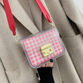 

ETAILL 2019 Fashion PVC Jelly Bag Women Small Transparent Plaid Flap Shoulder Handbags Wide Strap Crossbody Messenger Bag