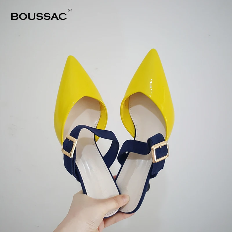 

Boussac Mixed Color Geometric Heel Women Mules Sexy Pointed Toe High Heel Sandals Women Elegant Buckle Ladies Shoes SWC0404