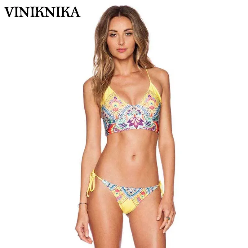 

VINIKNIKA 2017 female beach vacation bikini suit tie with halter swimsuit sexy tight floral swimsuit two-piece bikini swimsuit