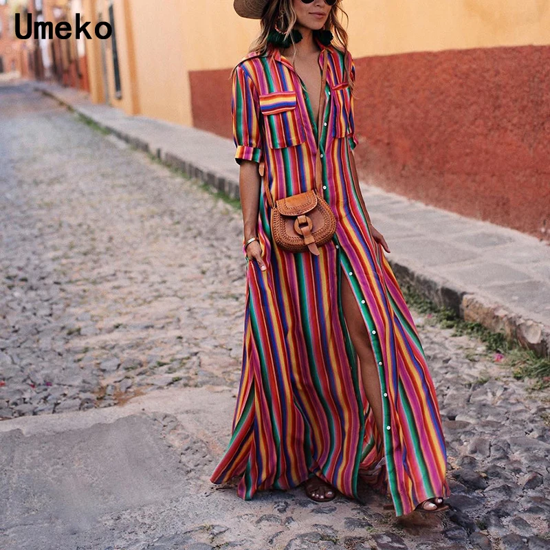 

New Fashion 2019 Summer Womens Long Dress Striped Casual Half Sleeve Multicolor Button Pockets Loose Ladies Shirt Dresses