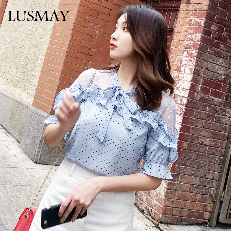 

Womens Summer Wave Point Bow Blouse Polka Dot New Short-Sleeved Casual Chiffon Shirt Temperament Fashion Mesh Tops