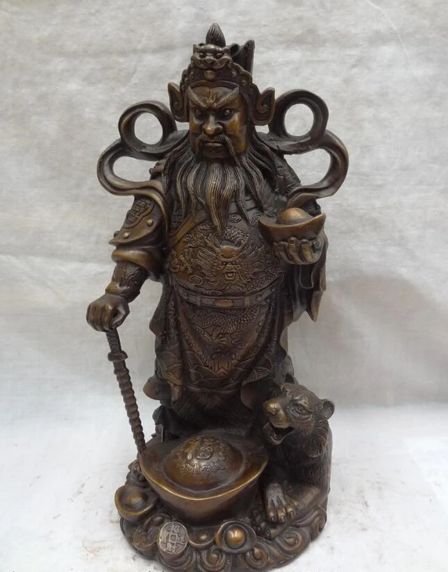 

S2851 12"Chinese Bronze FengShui Dragon Wealth Mammon God YuanBao Coin Tiger Statue D0318