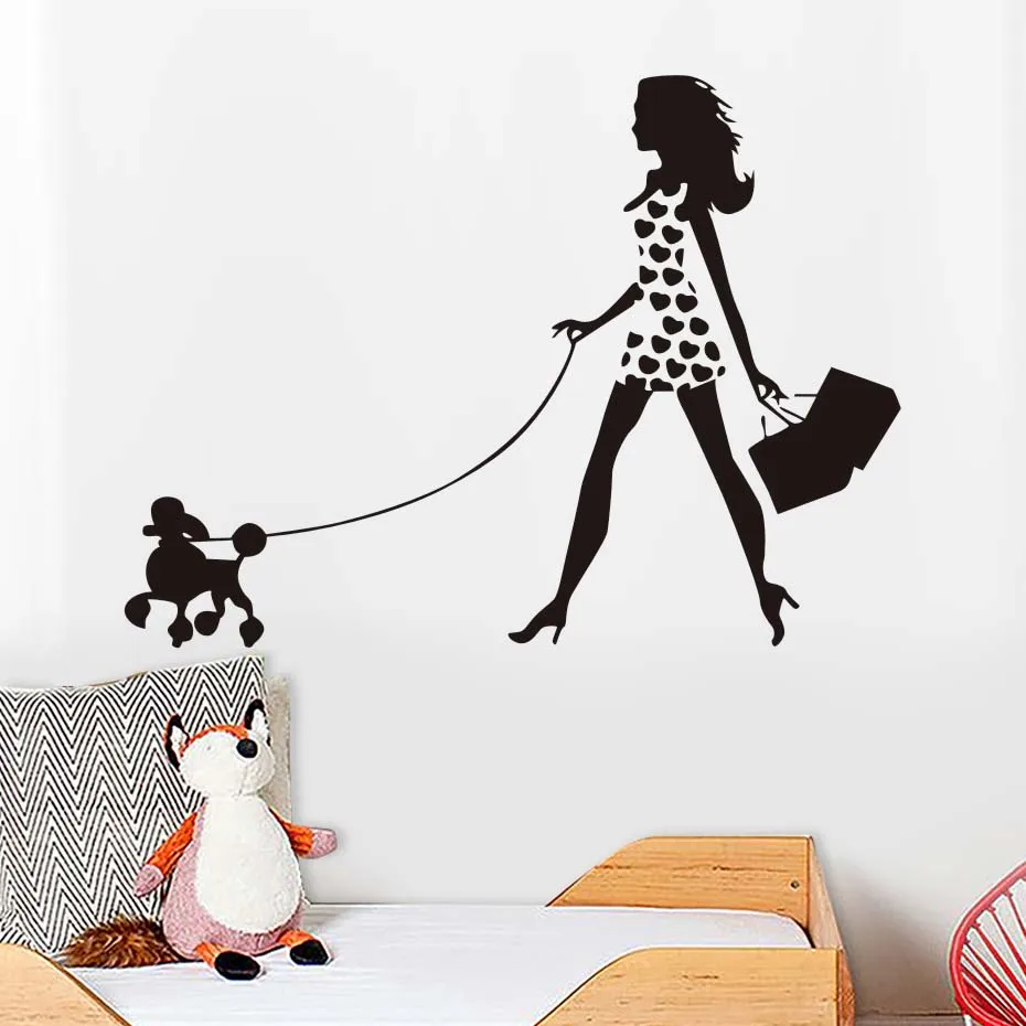 Pet Dog Art стикер на стену для гостиной сексуальная девушка ходьба с Пудель настенные наклейки виниловые временные обои наклейка домашний декор