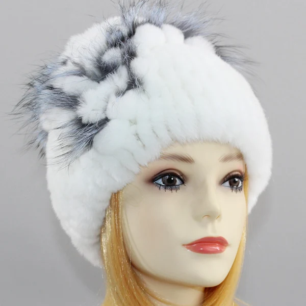 Зимняя женская меховая шапка, настоящий мех кролика, шапки с мехом серебристой лисы, цветок, вязанные шапки-бобы, модная Высококачественная женская меховая шапка - Цвет: Color 6
