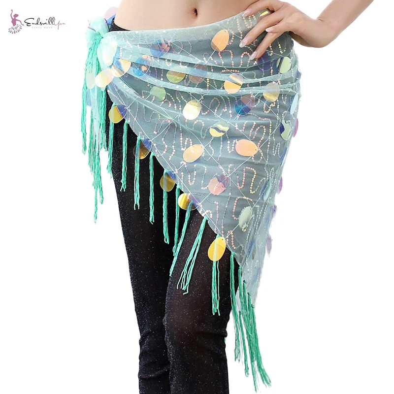 

New style Belly dancing Hip Scarf Belly Dance costume Mesh Long Tassel Triangle Belt Hand Crochet with Round Sequins 2 style