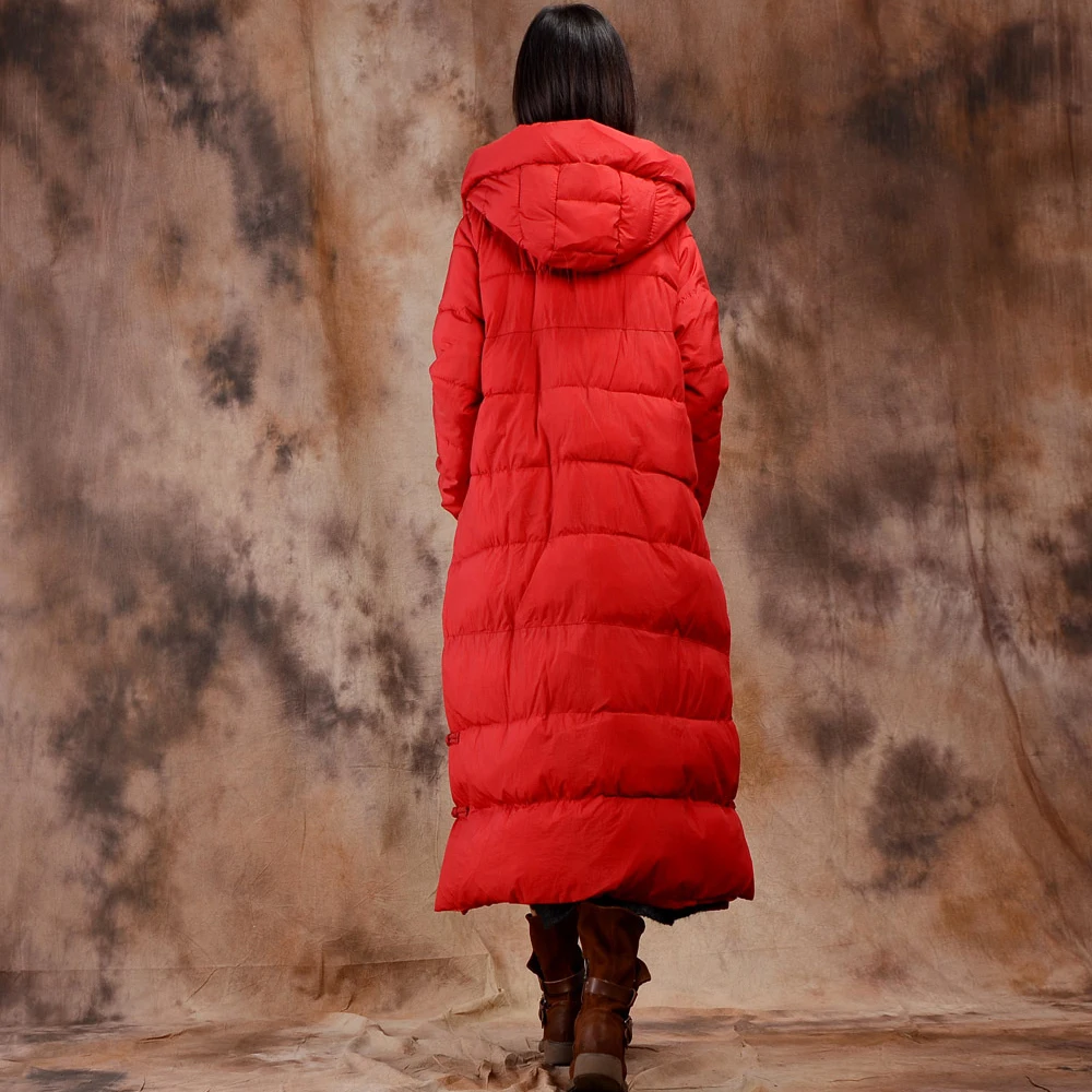 Johnature Women Hooded Down Coat Loose 2018 Winter New Thick Warm Long Sleeve Pockets Vintage Zipper Button Brief Long Down Coat