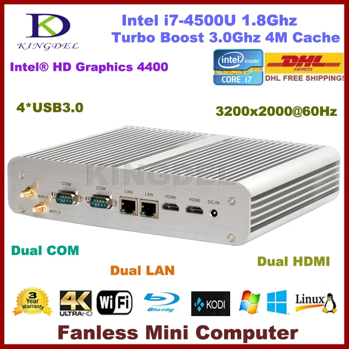  3 Year Warranty Mini PC, HTPC, Nettop, Intel i7-4500U Turbo Boost 3.0GHz, 16GB RAM+250GB SSD, WiFi, Dual HDMI+LAN+COM, Windows 7 
