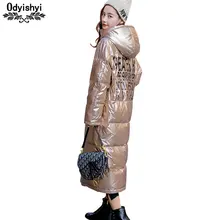 Женский пуховик большого размера, зима, с капюшоном, утолщенная верхняя одежда, модная яркая свободная длинная парка, белый утиный пух, пальто для женщин H535