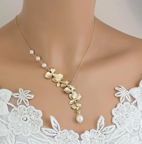 Gold Orchid Necklace Pearl Wedding Jewelry Bride Gold Orchid Necklace Pearl Wedding Jewelry Bride Bridesmaids Gift Unique