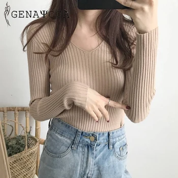 

Genayooa Black Knit Sweater Womens V Neck Sweater Women Sweaters And Pullovers Jumpers Long Sleeve Casual Slim Sweater Women