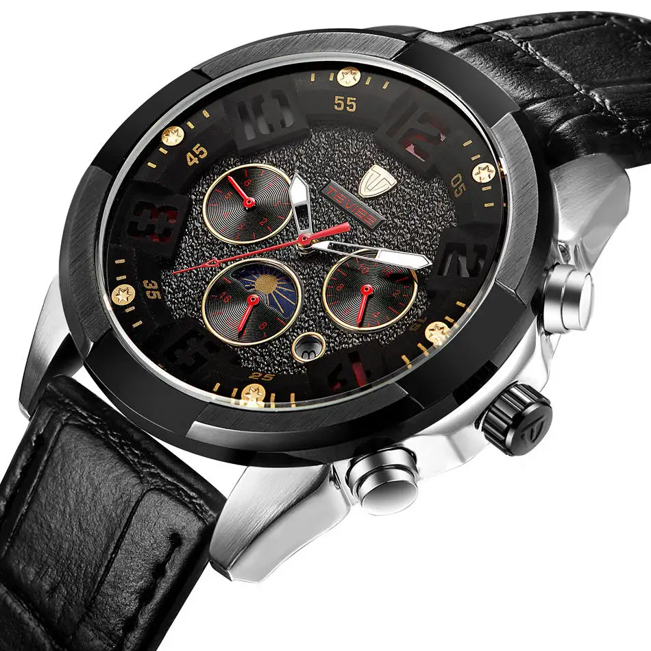 

Tevise Fashion Men's Mult-functional Day/Week/Month LuminousAuto Mechanical PU Leather Strap Watches Xmas Gift Box Free Ship