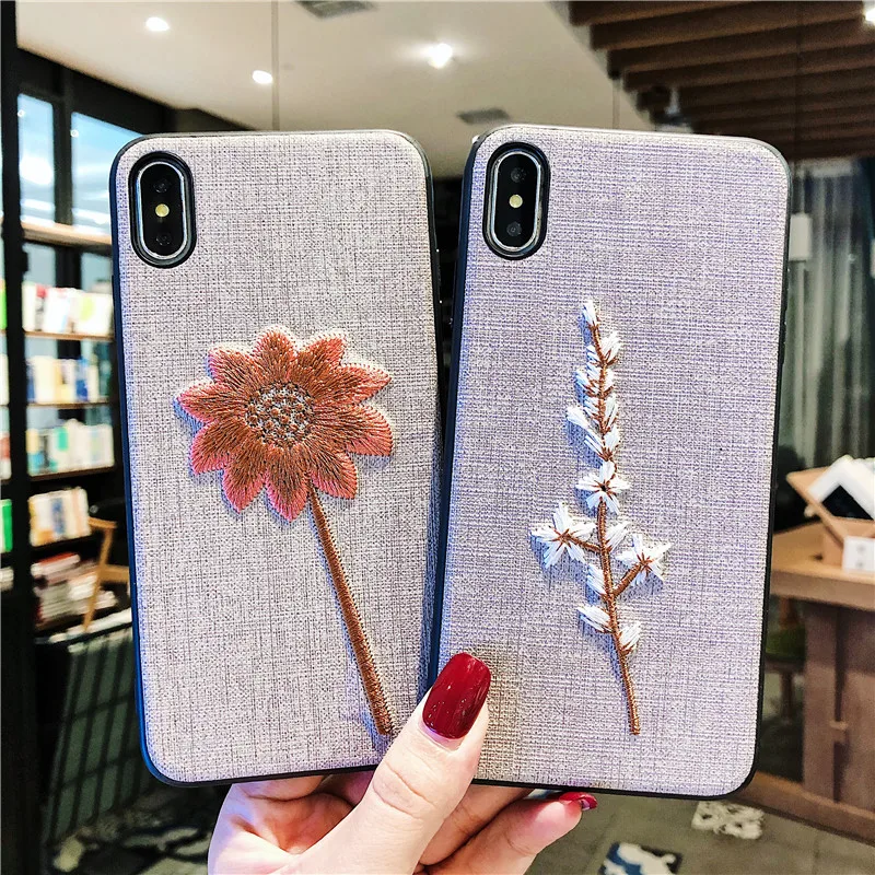 Красивый вышитый Подсолнух чехол для iPhone X 6s 7 8 Plus XR XS Max 3D тканевый телефона с