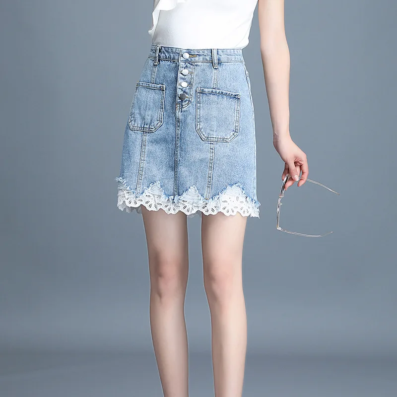 

2019 Summer New Arrival Korean Style Jeans Skirt High Waist Mini Skirt Lace Stitching One Step Skirt With Pockets Free Shipping