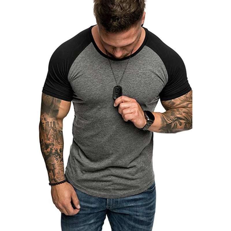 

2019 spring and summer new color matching raglan sleeves men's casual sports t-shirt Wholesale European code men's short-sleeved