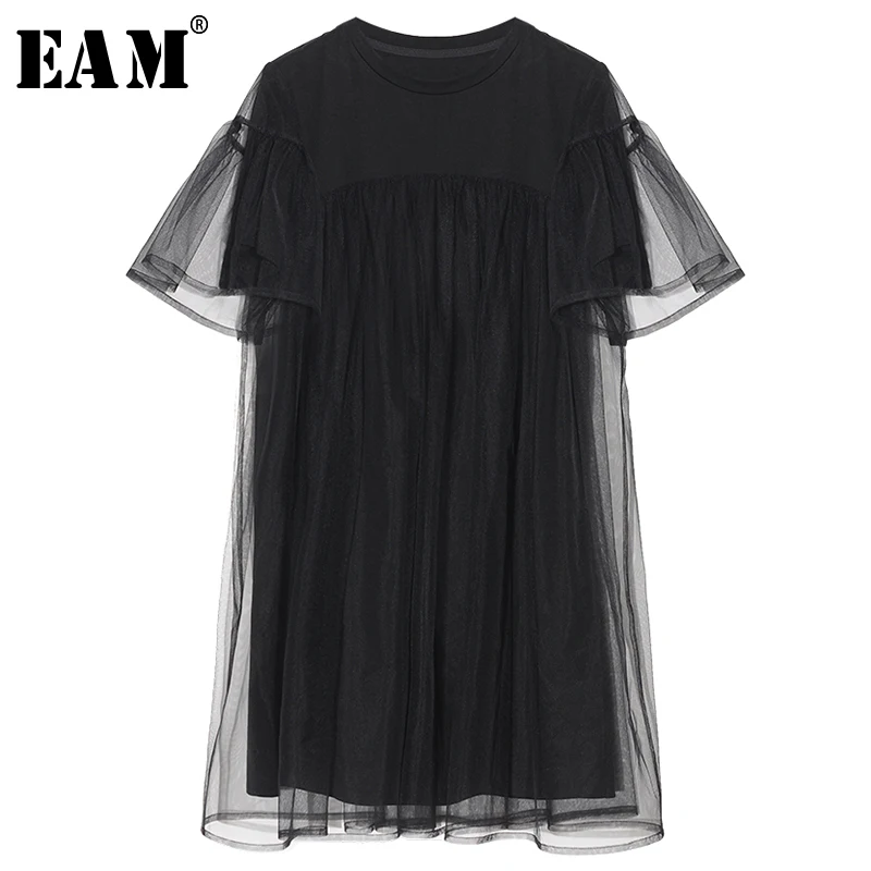

[EAM] 2019 New Spring Summer Round Neck Short Sleeve Black Personality Mesh Loose T-shirt Dress Women Fashion Tide JW363