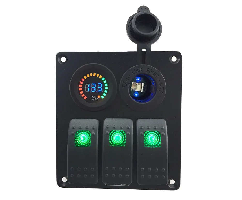 

DC 12V-24V Power Charger Socket DC 12V voltmeter 3 Gang green Rocker Switch Panel for Marine Boat Car RV Vehicles