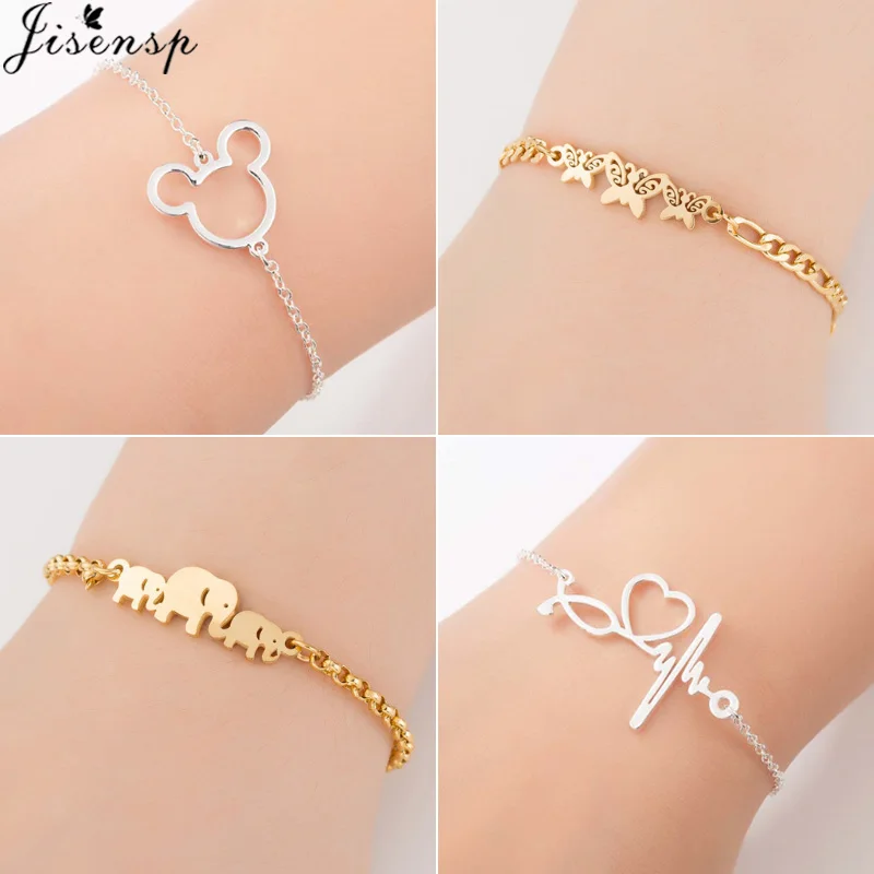 

Jisensp Stainless Steel Animal Mickey Bracelets for Women Everyday Jewelry Gold Butterfly Charm Bracelet Femme Wedding Gift