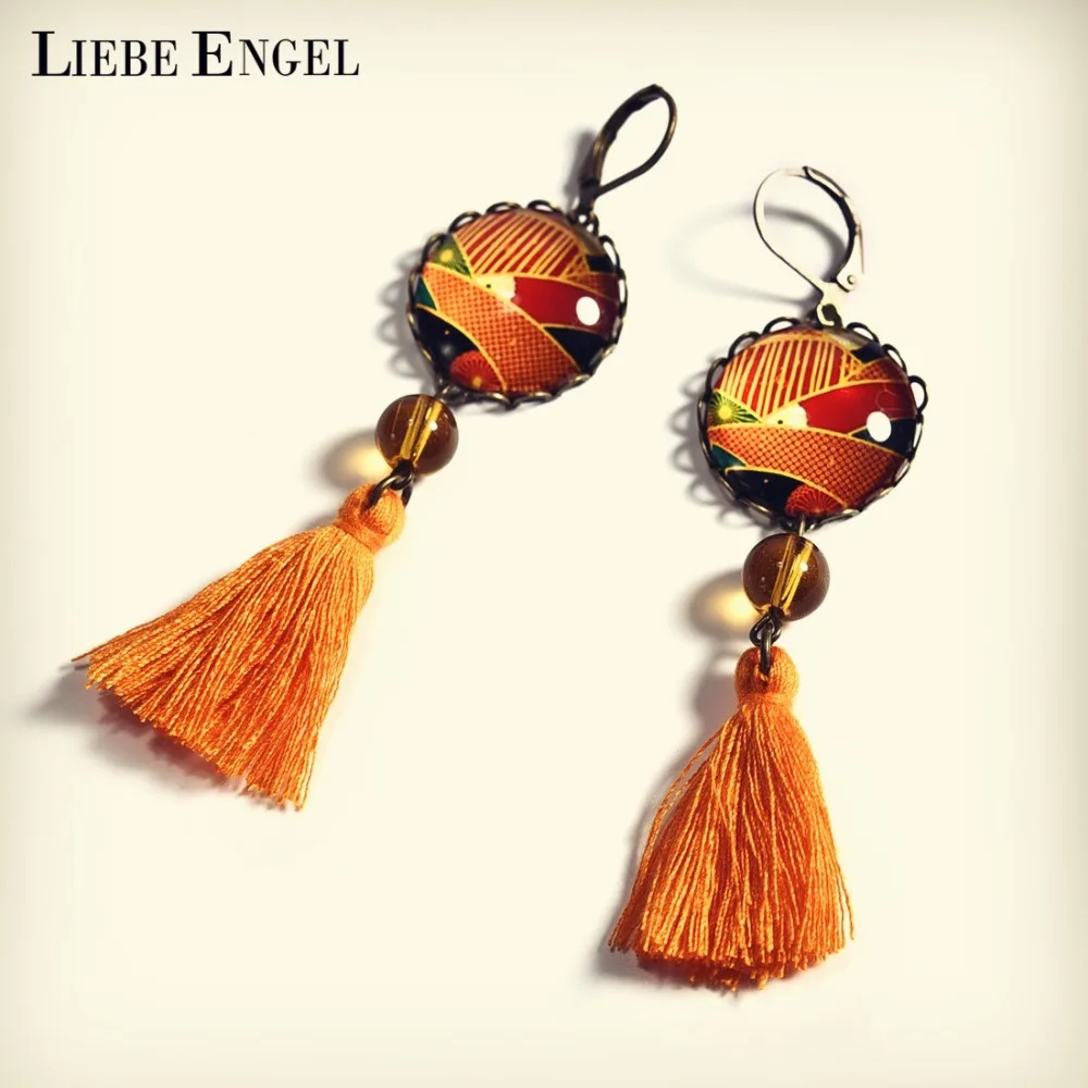

LIEBE ENGEL Bohemian Vintage Tassel Pendant Orange Color Glass Cabochon Earrings Creative Print Dangle Earrings Women Jewelry