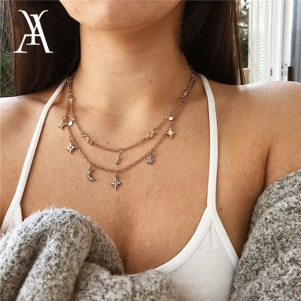 AY bohemio estrella Luna Multi capa colgante Collar para mujeres