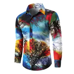 Для мужчин Мода дерево печати Slim Fit рубашки для мальчиков с длинным рукавом Повседневные рубашки M-3XL
