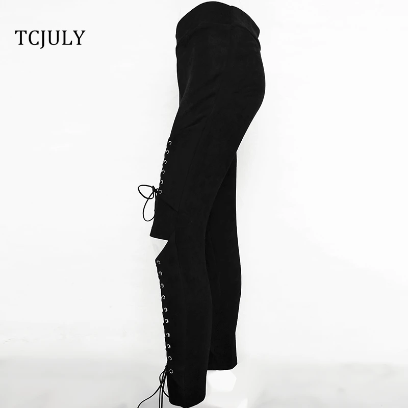 TCJULY новые зимние сексуальные замшевые женские брюки с завязками крест-накрест Выдалбливают дамские брюки однотонные узкие брюки-карандаш - Цвет: Black